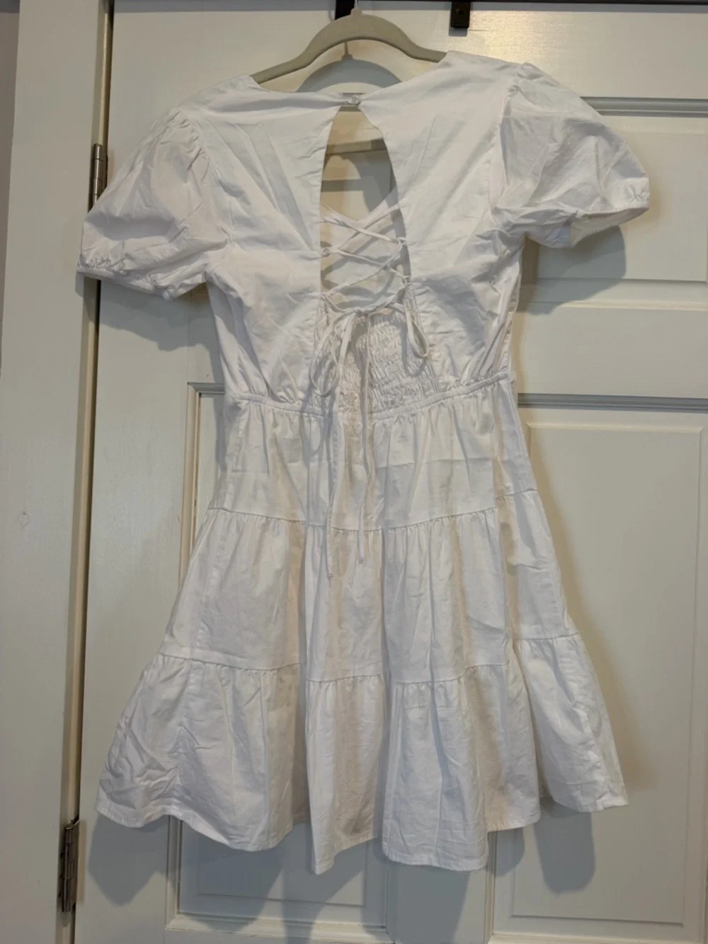 Monteau White Tiered V-Neck Puff Sleeve Dress for Kids